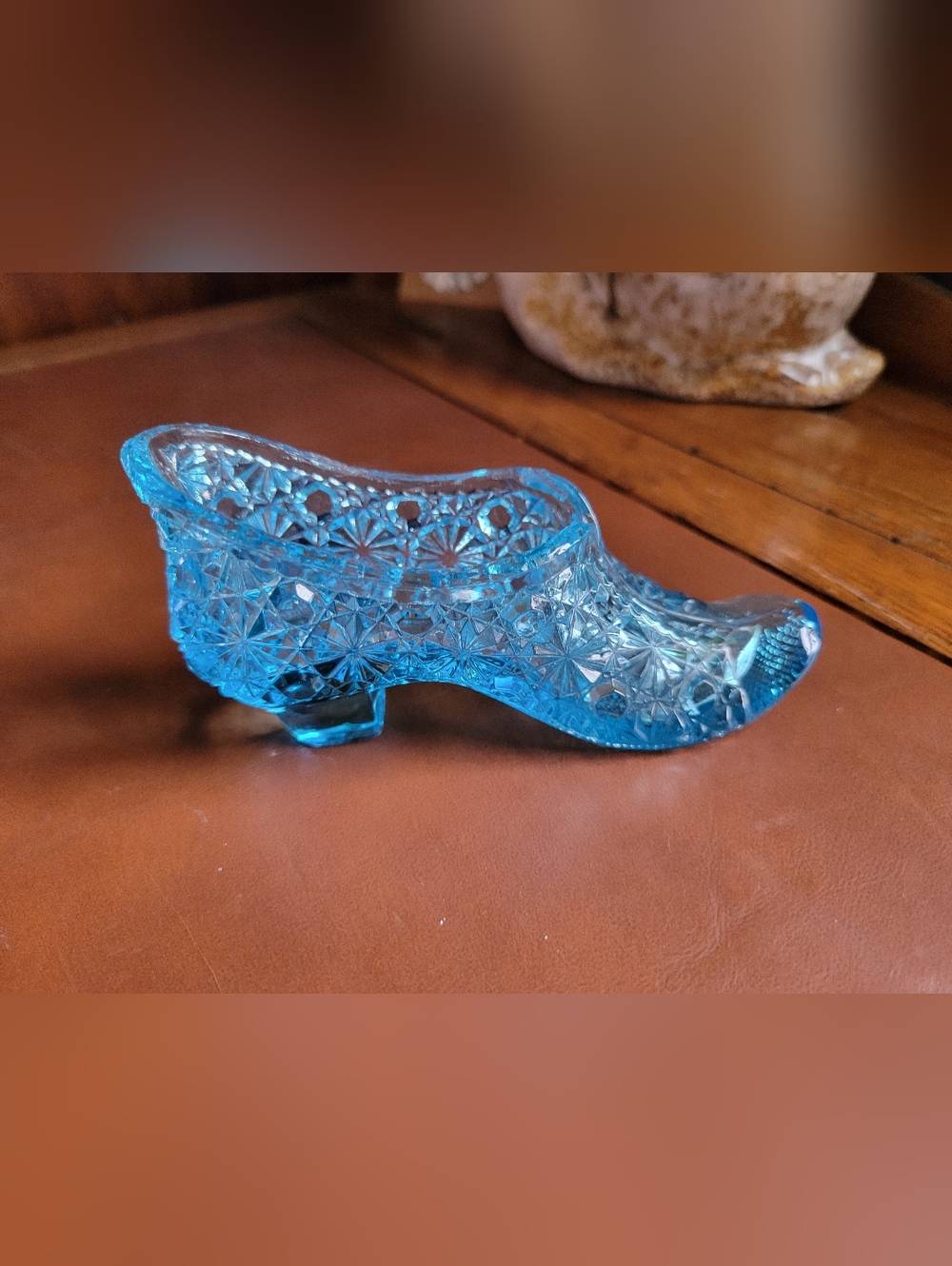 VTG Fenton Aqua Blue Pressed Glass Shoe Figurine Decorative Glossy Collectible